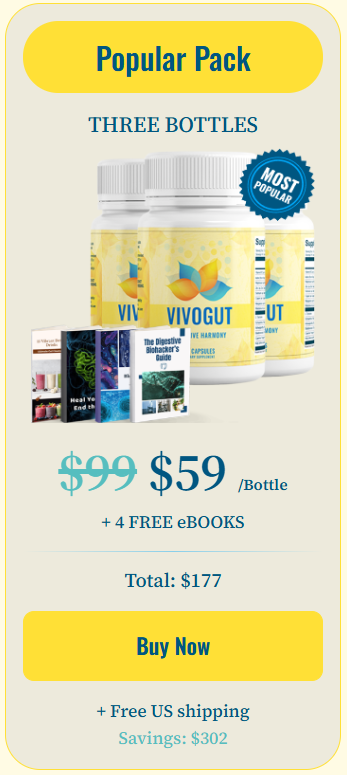 VivoGut pricing packages, three bottle pack with free bonuses
